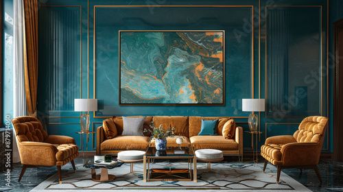 Teal and gold living room with marble walls, velvet chairs and sofa, and abstract painting