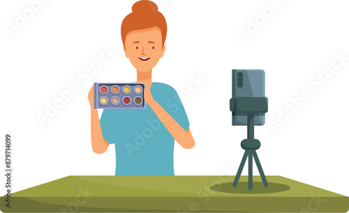 Beauty blogger presenting eyeshadow palette recording video blog using smartphone camera on tripod