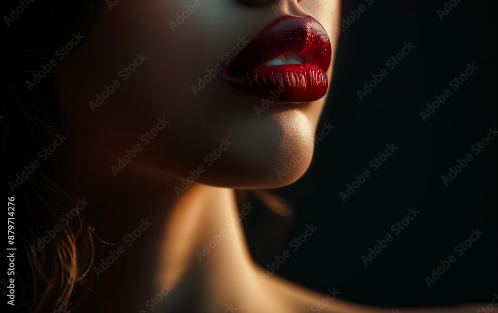 Obraz premium Glamorous Close-Up Woman's Lips Wearing Bold Red Lipstick Against Dark Background - Beauty, Seduction, Elegance, and Sophistication
