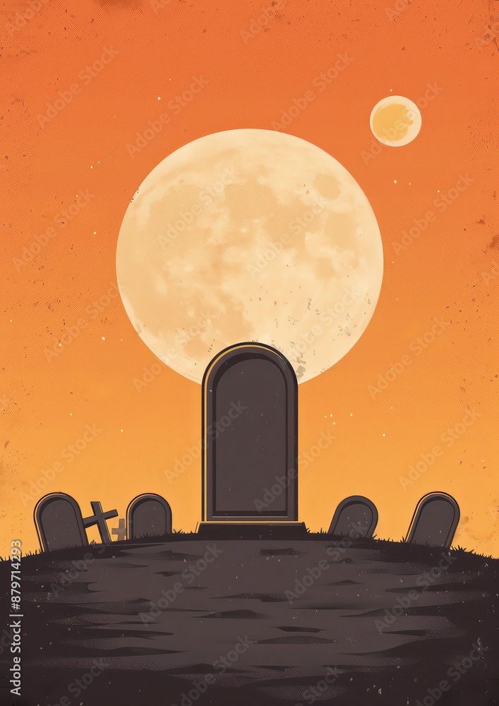 Naklejka premium Eerie graveyard at dusk with full moon and tombstones, perfect for spooky Halloween themes or dark, Gothic designs.