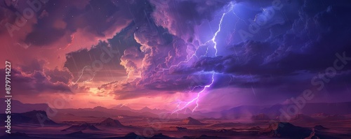 Single lightning bolt over a vast desert landscape, Lightning and sky, Isolated electric event