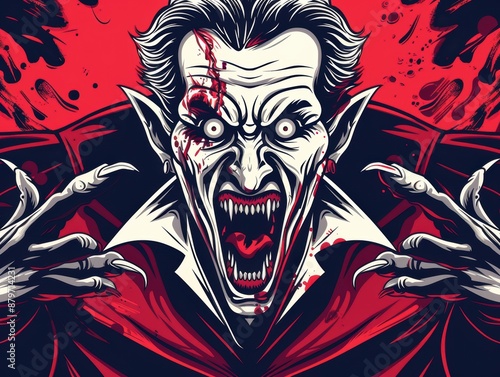 Dramatic illustration of a vampire with a sinister expression, blood-stained face, and pointed teeth, exuding an eerie and menacing aura.