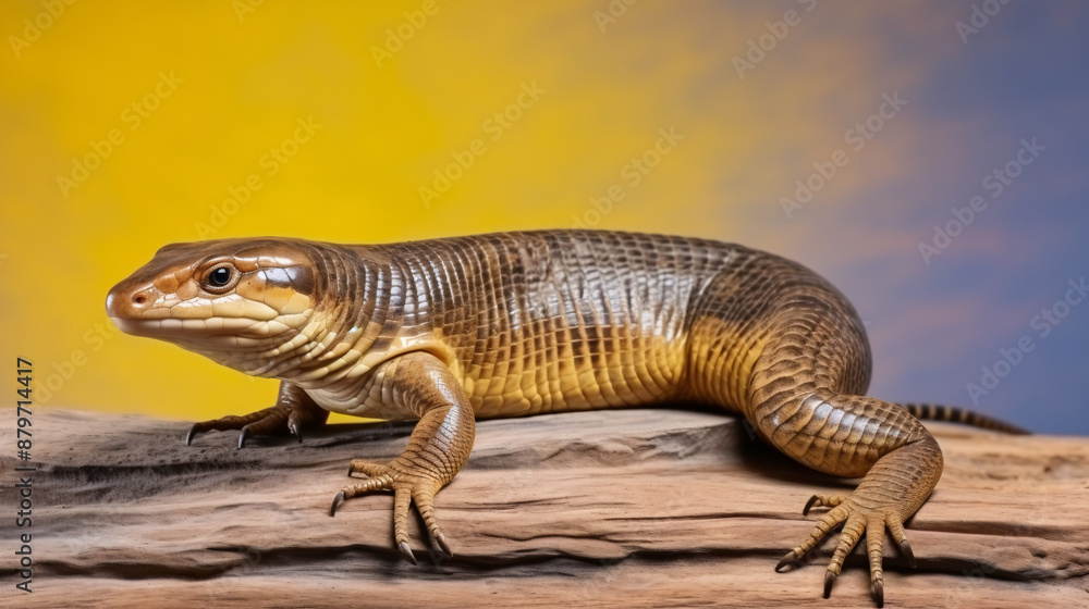 Fototapeta premium A close up of a lizard on a branch with a gradient yellow and blue background