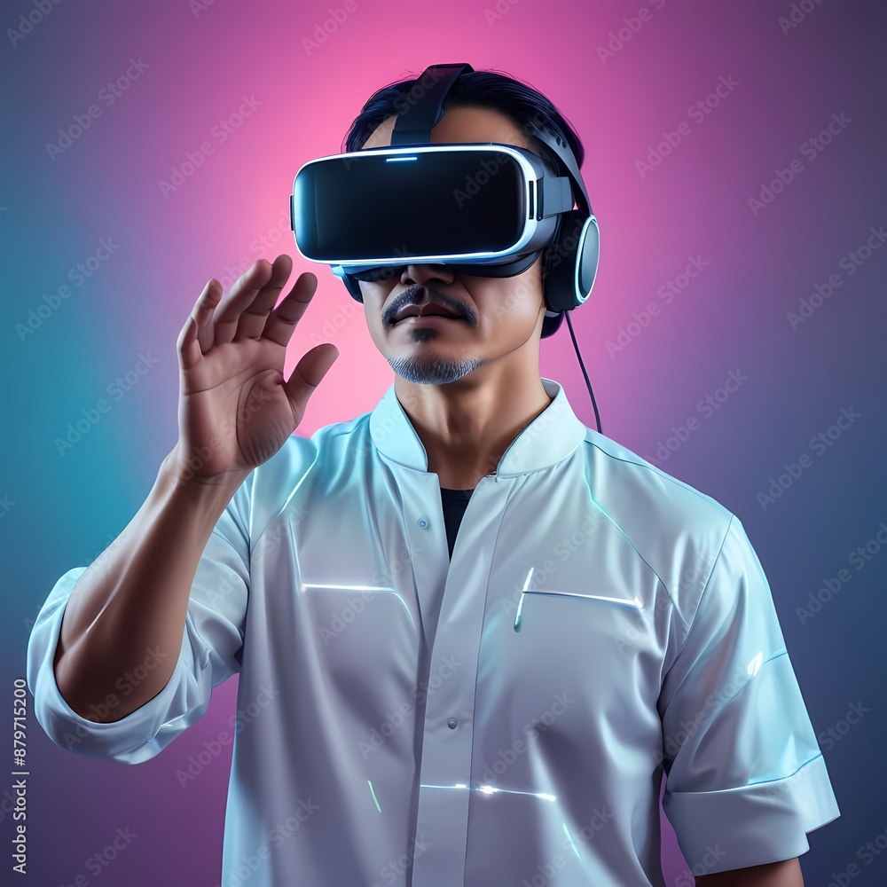 Person wearing futuristic high tech virtual reality glasses
Generative AI Person wearing futuristic high tech virtual reality glasses
Generative AI