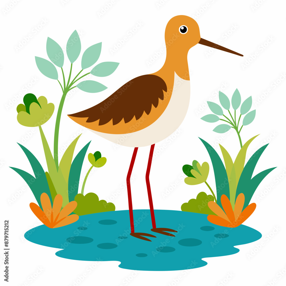 Fototapeta premium Sandpiper on water and plants white background