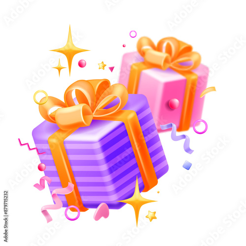 3D gift box icon, vector holiday present, online shopping sale gift, purple wrapping, ribbon, bow. Happy birthday cartoon surprise illustration, New Year party event concept. Square 3D gift object