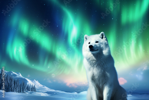 A majestic white wolf sits on a snowy tundra beneath a vibrant aurora borealis, exemplifying the untamed beauty and resilience of the Arctic wilderness. photo