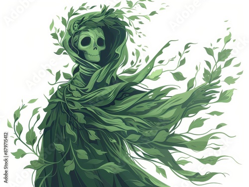 Green cloaked figure with skull, covered in leaves and branches, blending nature and death in a mystical illustration. photo