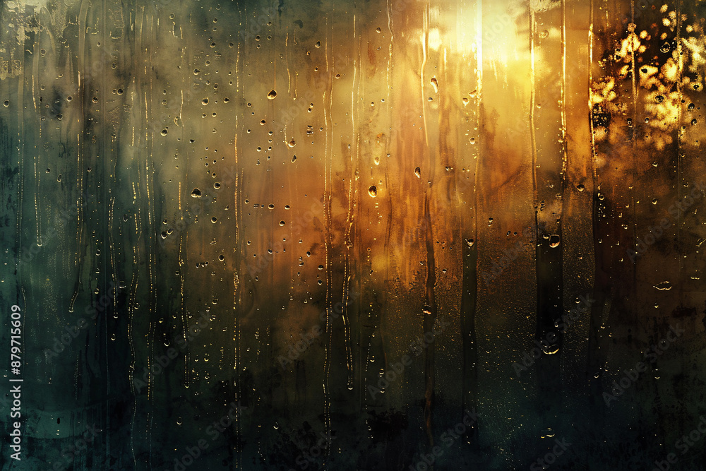 Raindrops on window with warm sunlight shining through Raindrops on window with warm sunlight shining through