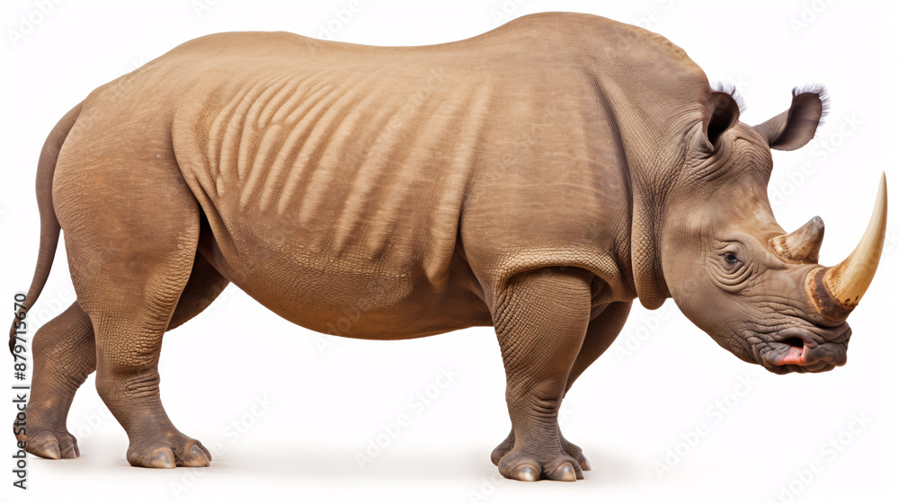 Fototapeta premium A large, majestic rhinoceros stands tall, its powerful presence evoking strength, resilience, and the untamed beauty of the African wilderness.