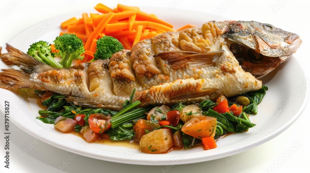 Grilled fish with vegetables on white plate Grilled fish with vegetables on white plate