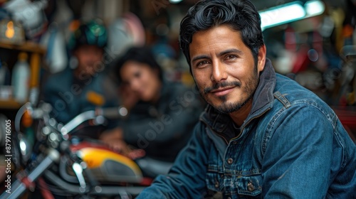 A confident mechanic sitting beside a motorcycle in a garage, with a relaxed and friendly expression, demonstrating experience and expertise in motorcycle repair.