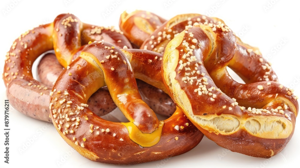 Freshly baked pretzels and German sausages. Freshly baked pretzels and German sausages.