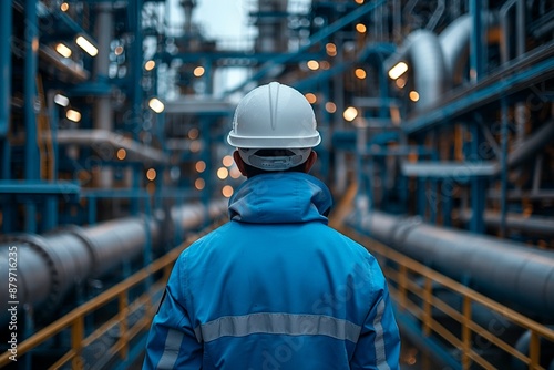 Industrial worker in blue jacket and hard hat inspecting refinery, symbolizing dedication and safety in the energy sector.