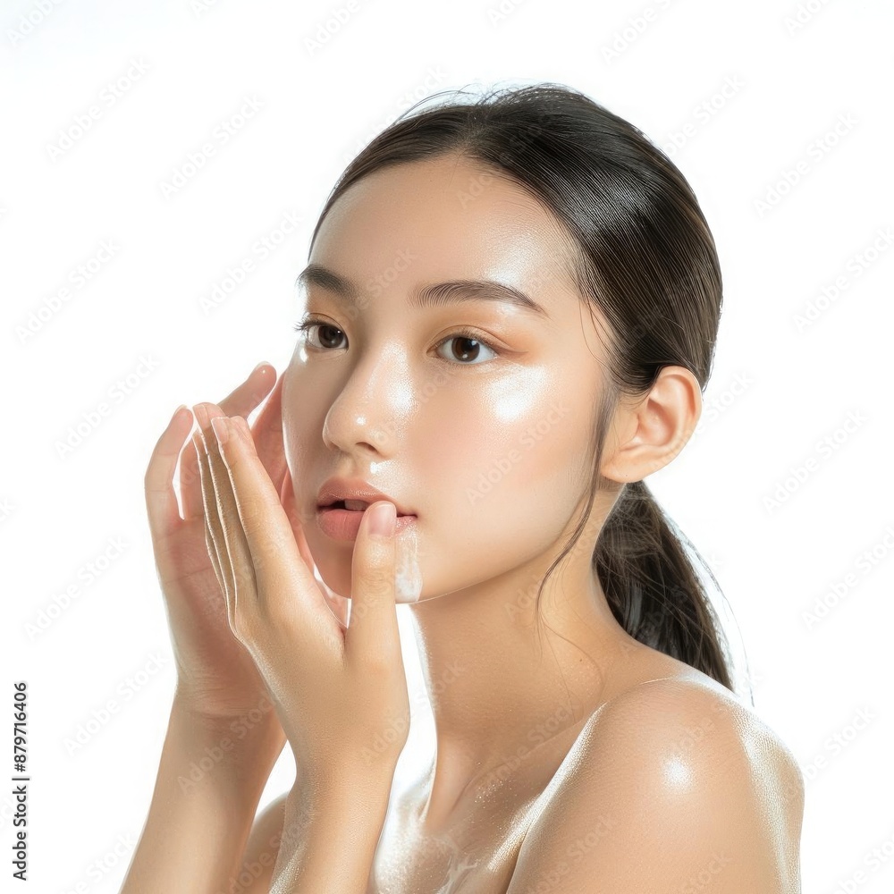 Professional photograph of a young woman with flawless skin, looking refreshed and natural, isolated on white background,, asia,china Professional photograph of a young woman with flawless skin, looking refreshed and natural, isolated on white background,, asia,china