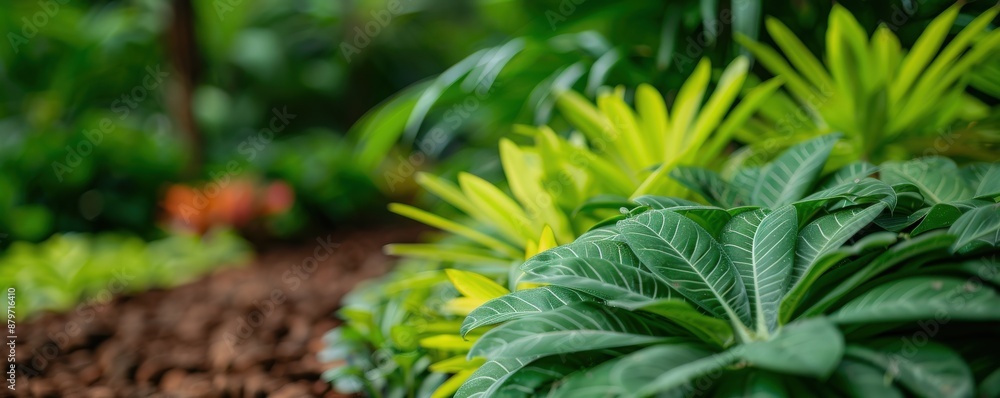 Lush green foliage in a tropical garden setting with vibrant leaf detail, creating a serene and natural atmosphere. Lush green foliage in a tropical garden setting with vibrant leaf detail, creating a serene and natural atmosphere.
