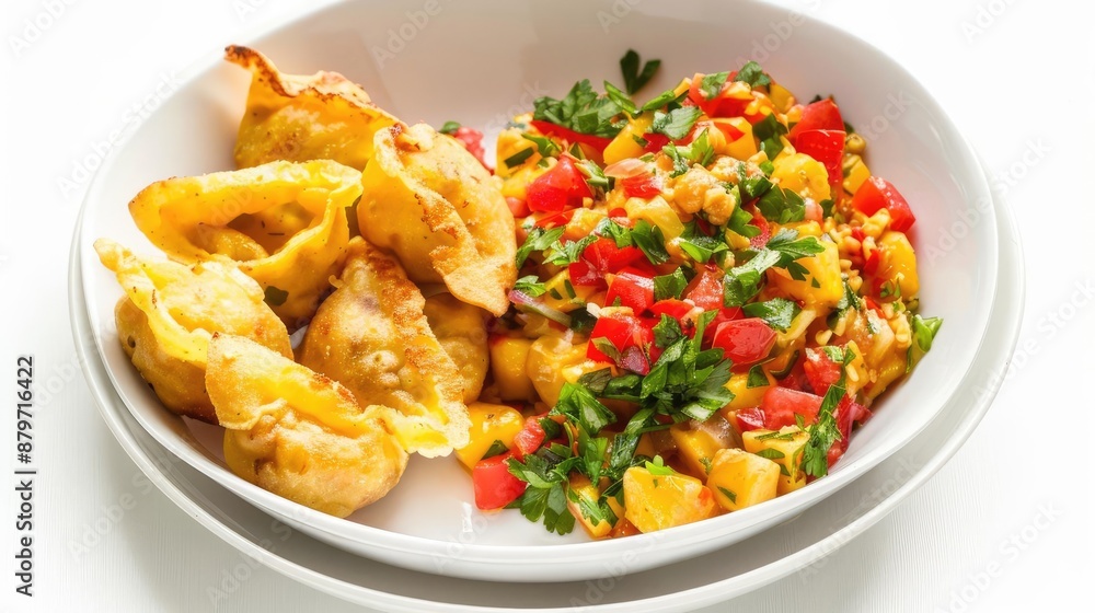 Fried dumplings served with a side of stir-fried vegetables. Fried dumplings served with a side of stir-fried vegetables.
