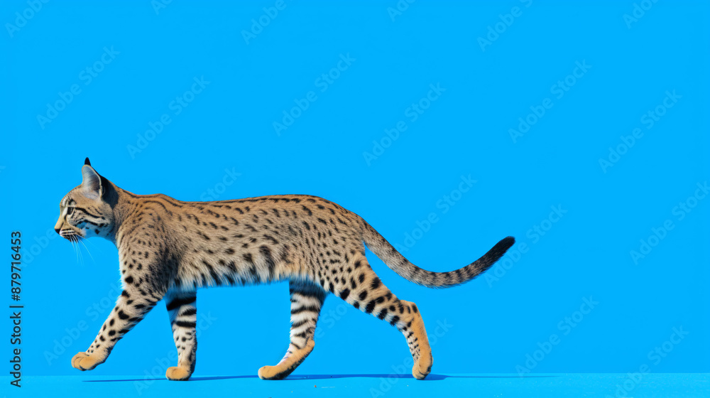 Obraz premium A serval cat with a golden coat and black spots walks gracefully across a blue background, symbolizing freedom, agility, and untamed beauty in nature.