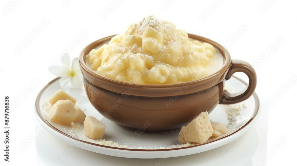 Creamy rice pudding in a brown bowl with sugar cubes and a flower. Creamy rice pudding in a brown bowl with sugar cubes and a flower.
