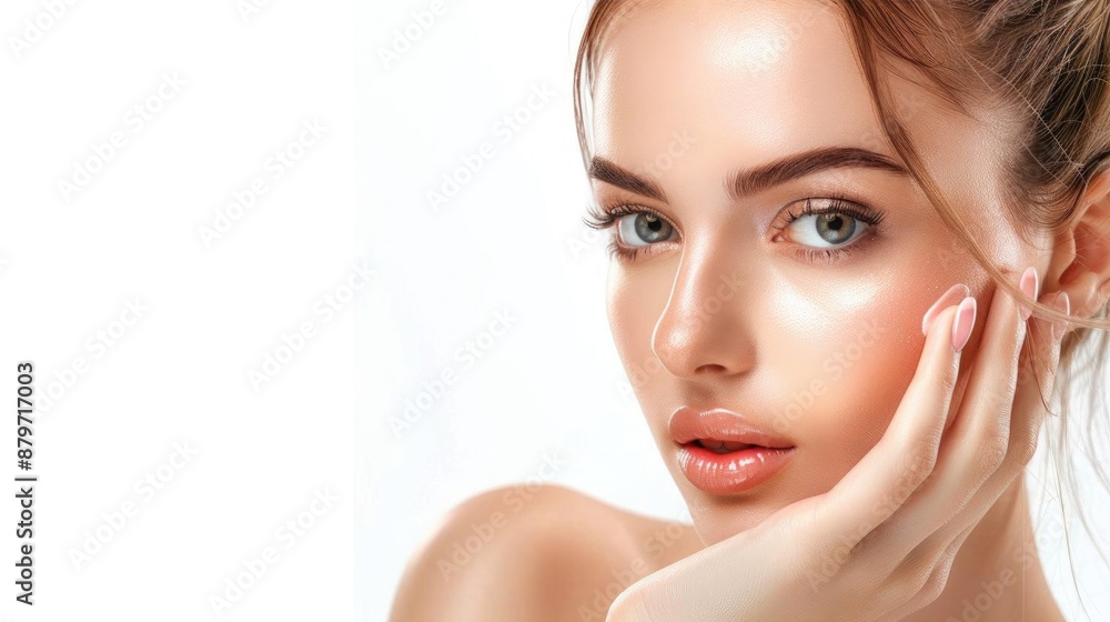 Naklejka premium Highresolution photograph of a young woman with clear skin smiling naturally, isolated on white background,, asia,china
