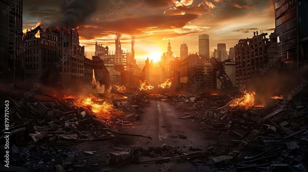 Post-apocalyptic cityscape with dilapidated buildings and flames under a dramatic sunset sky Post-apocalyptic cityscape with dilapidated buildings and flames under a dramatic sunset sky