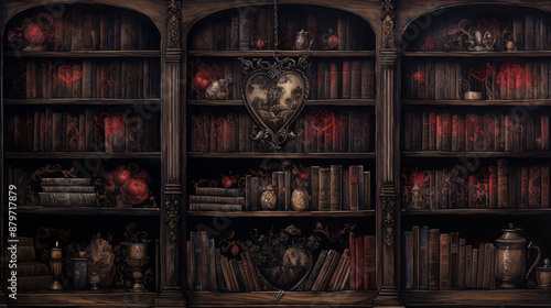 Wallpaper Mural ornate wooden bookshelf filled with books, red roses, and various antique objects Torontodigital.ca