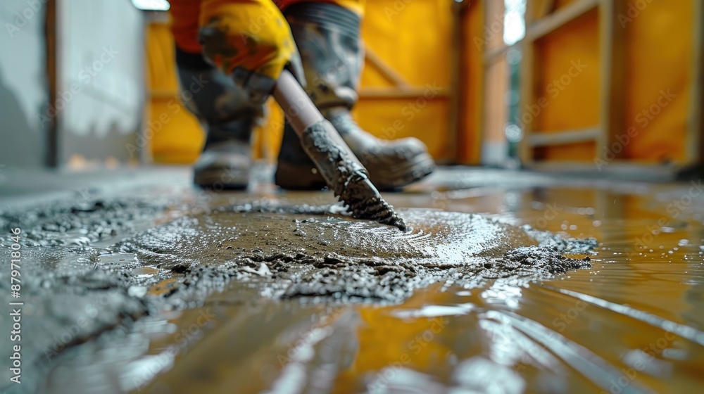 A close-up view of a construction worker using a tool to smoothen wet cement on the ground at a construction site, wearing safety boots and protective clothing. A close-up view of a construction worker using a tool to smoothen wet cement on the ground at a construction site, wearing safety boots and protective clothing.