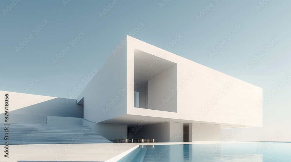 Fototapeta premium minimalistic modern contemporary apartment with large white concrete walls and a swimming pool