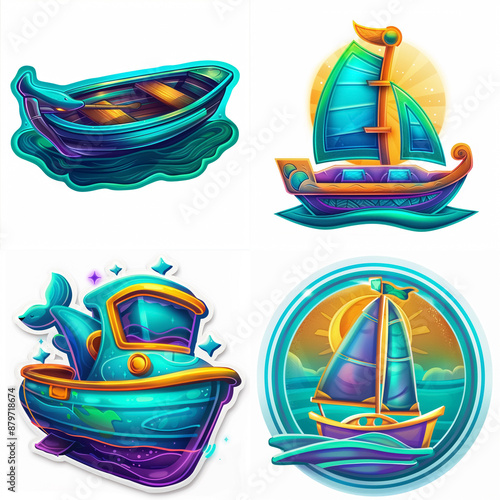 Boat icons set. Boat icons in cartoon doodle style for stickers, printing, web icons, children's promo materials and other projects. Generative AI photo