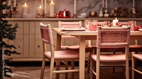 Pink woven chairs and a pink table set for Christmas dinner in a cozy home.