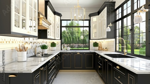 A chic and contemporary kitchen featuring a mix of black and white cabinets, elegant gold fixtures, and pristine marble countertops, with a large window overlooking a garden.