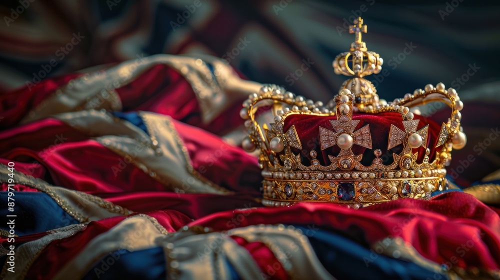 Obraz premium United Kingdom. During the coronation of Charles, the monarch was crowned. A flag with the Crown of Great Britain on the background, a national holiday to celebrate the monarch's coronation