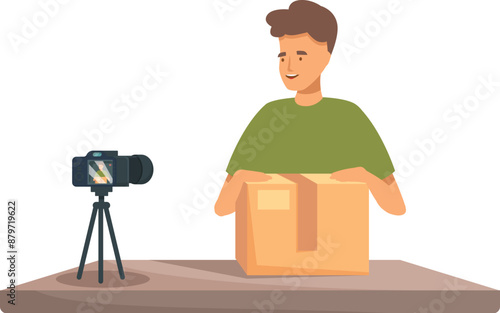 Smiling influencer unboxing package while recording video blog on camera