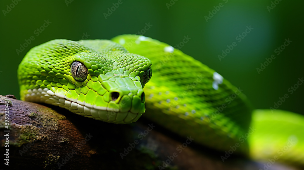 A green snake with white markings on its face is coiled on a branch, looking at the camera with a curious expression. A green snake with white markings on its face is coiled on a branch, looking at the camera with a curious expression.