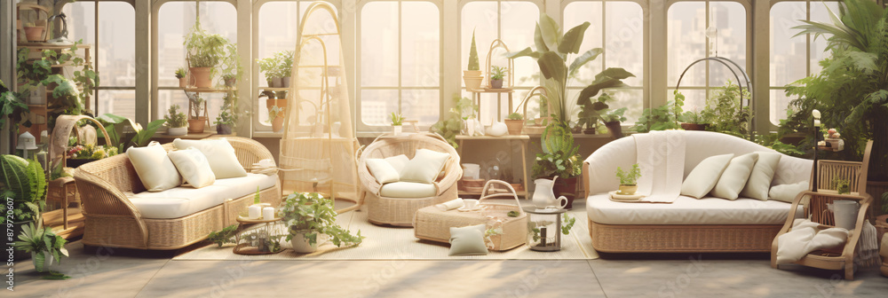 Fototapeta premium Bright and airy living room with comfortable wicker furniture and lots of plants