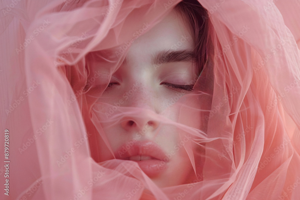 Young ethereal woman with eyes closed, covered with a pink transparent cloth Young ethereal woman with eyes closed, covered with a pink transparent cloth