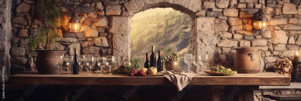 r�stica mesa llena de botellas de vino tinto y copas de cristal sobre un mantel blanco en una bodega de piedra con arcos y l�mparas r�stica mesa llena de botellas de vino tinto y copas de cristal sobre un mantel blanco en una bodega de piedra con arcos y l�mparas