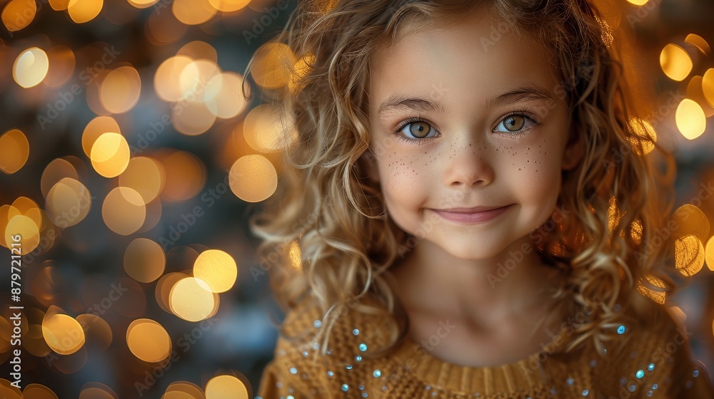 A curly-haired child smiles warmly, surrounded by festive twinkling lights, creating a heartwarming and magical holiday atmosphere filled with joy. A curly-haired child smiles warmly, surrounded by festive twinkling lights, creating a heartwarming and magical holiday atmosphere filled with joy.