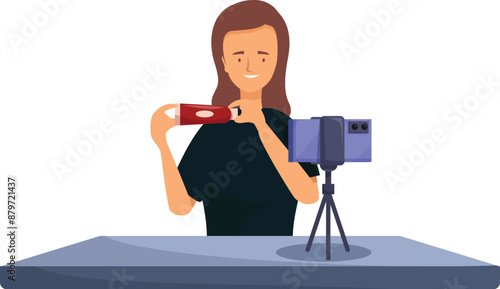 Beauty blogger presenting cosmetic product while recording video blog using smartphone on tripod