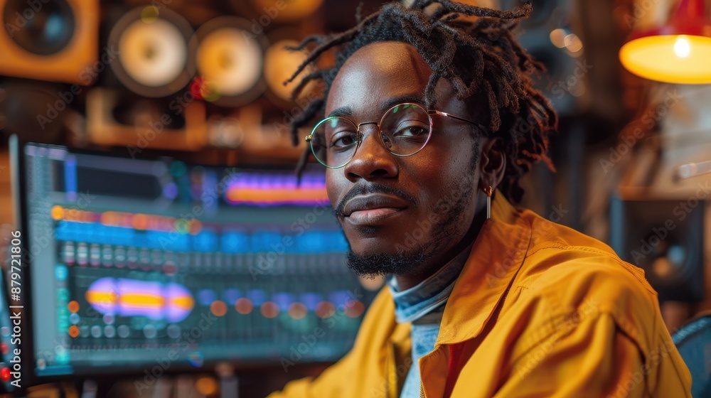 A young man wearing glasses in a studio filled with audio equipment reflects creativity and focus while working, emphasizing the artistic process and technological proficiency. A young man wearing glasses in a studio filled with audio equipment reflects creativity and focus while working, emphasizing the artistic process and technological proficiency.