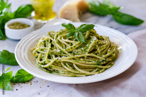tasty italian spaghetti pasta alla genovese with green pesto sauce, cheese and basil, close up