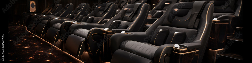 Obraz premium Black leather luxury cinema chairs in a modern theater with golden cup holder and golden lights on the walls.