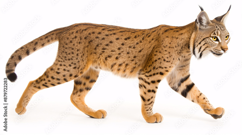 A graceful lynx with tufted ears and spotted fur is walking with purpose and determination. A graceful lynx with tufted ears and spotted fur is walking with purpose and determination.