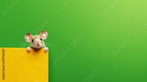 Cute mouse peeking out from behind a yellow wall on bright green background