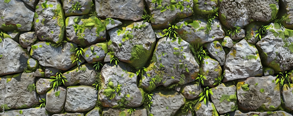 Rough stone wall with moss and lichen, 4K hyperrealistic photo Rough stone wall with moss and lichen, 4K hyperrealistic photo