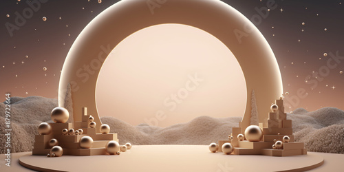 Beige archway, golden structures, desert scene.