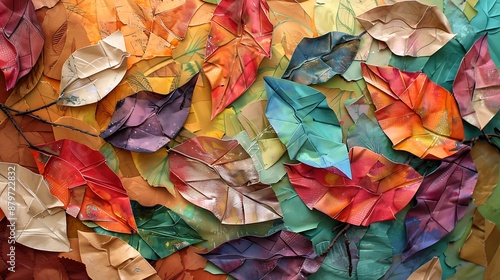Mixed media leaves art with paper textures layered colorful design