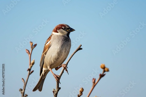 solitary bird perched on a branch with a clear sky