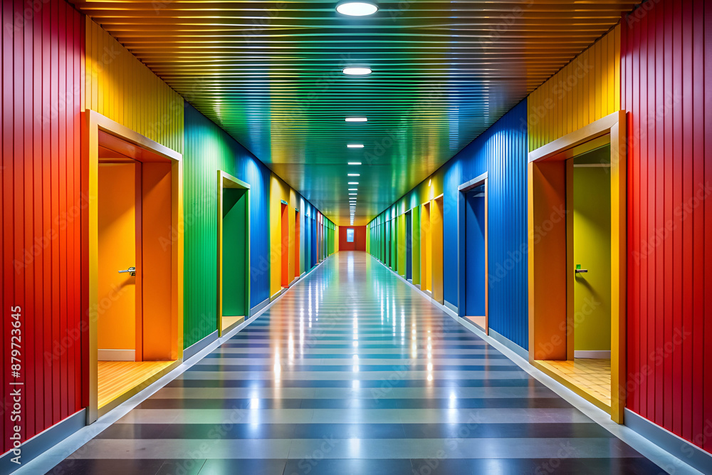 Fototapeta premium A long hallway with many doors in different colors