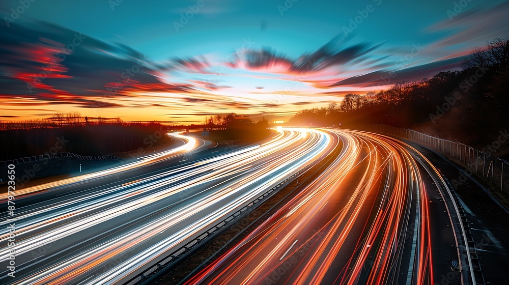 Long exposure of a highway at night with light streaks from traffic, creating dynamic lines Long exposure of a highway at night with light streaks from traffic, creating dynamic lines